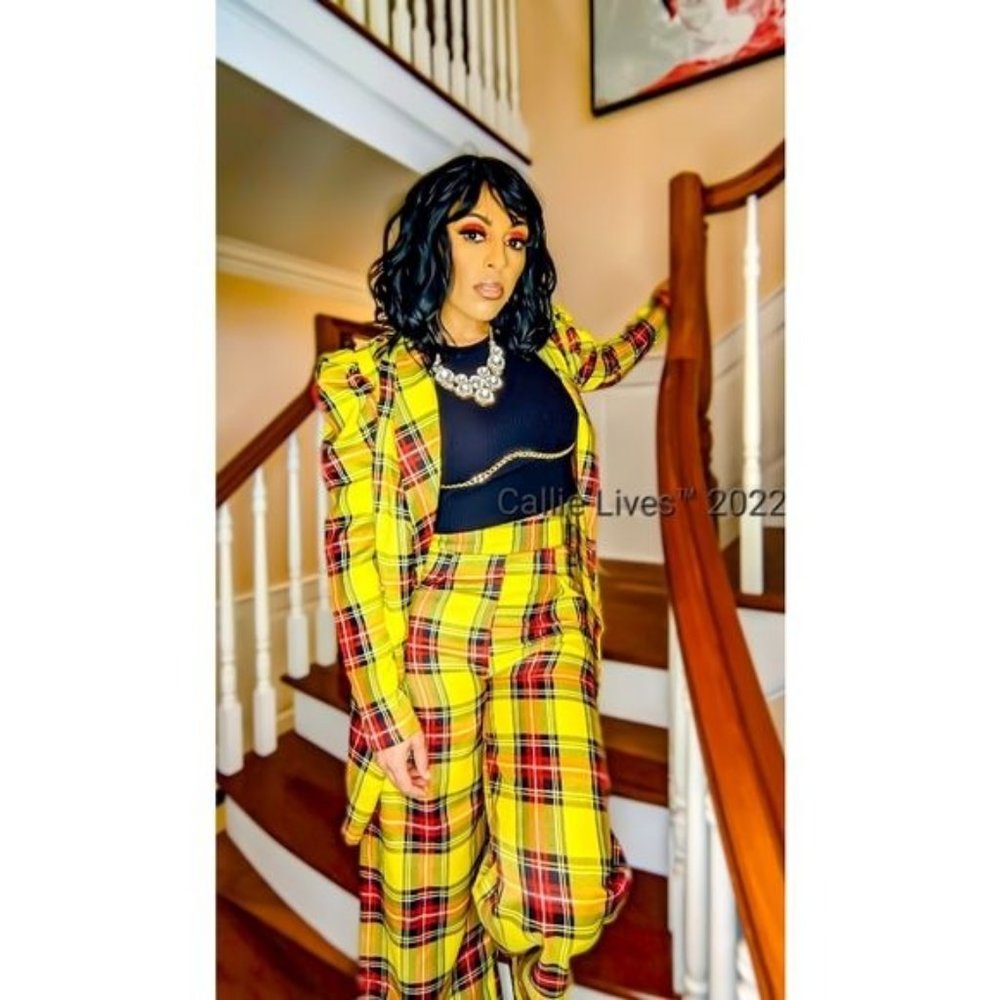 Callie Berry: Sunshine Yellow Puff Sleeve Plaid Oversized Palazzo Pant Medium - Picture 11 of 17